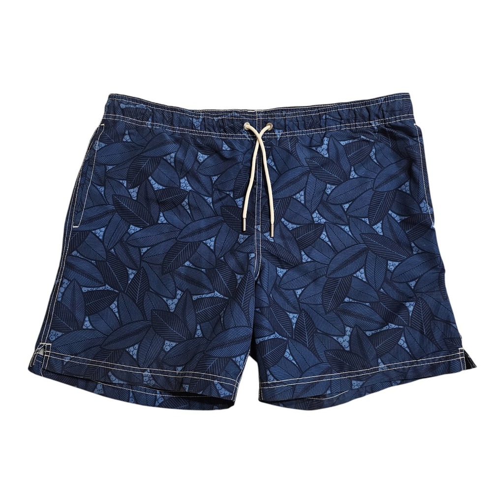 Lands' End Men's Navy Blue Leaf-Print Swim Trunks